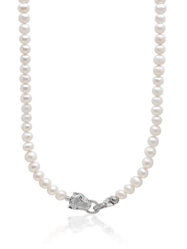 nialaya men s necklace white pearl necklace with silver panther head lock 20 inches 50 8 cm mnec 251 29405992190024