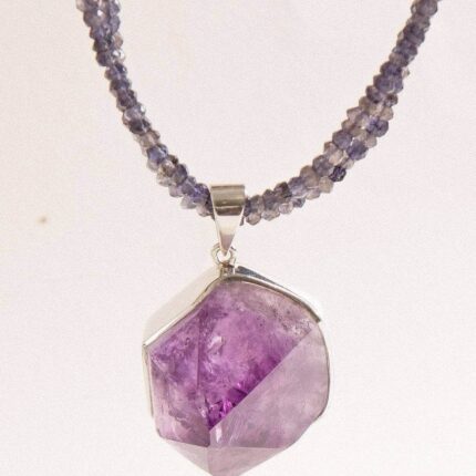 Large Amethyst Crystal on Beaded Iolite Necklace
