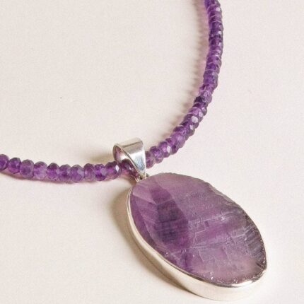 Large Oval Natural Amethyst Pendant Beaded Necklace